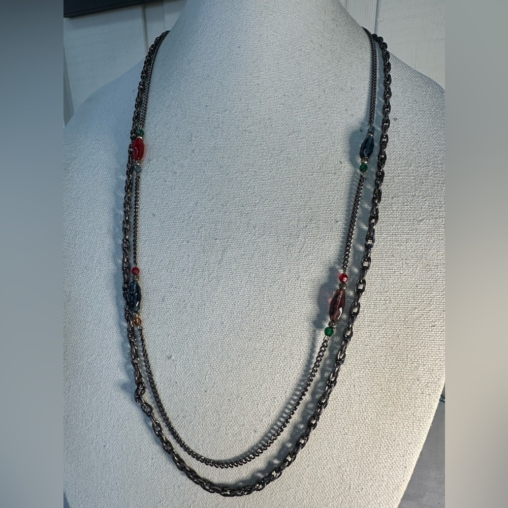 Vintage gray double strand chain and glsss bead necklace